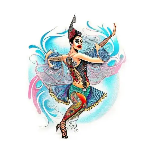 A mesmerizing tattoo of a flamenco dancer with intricate details and vibrant colors, capturing the client's passion for exotic dancing tattoo design idea