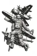 world war 2 plane with an Australian  soldier kneeling  tattoo design idea