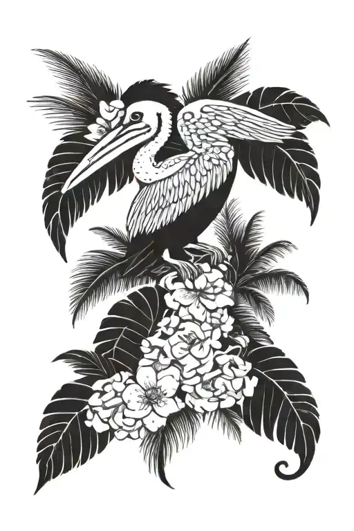 Pelican palm tree bird flower tattoo design idea
