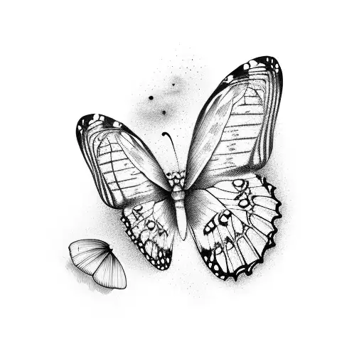butterfly with it one side butterfly wings and the other half feathers tattoo design idea