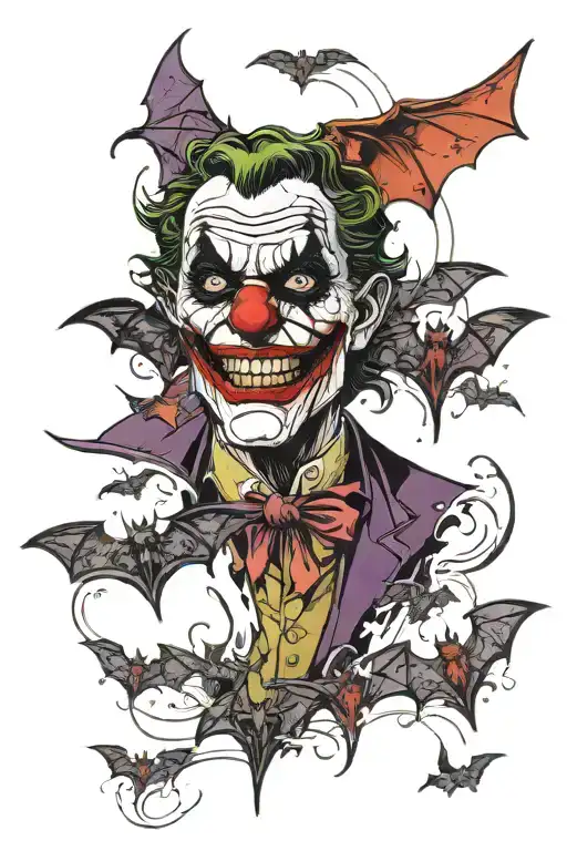 joker face half scattering bats flying tattoo design idea