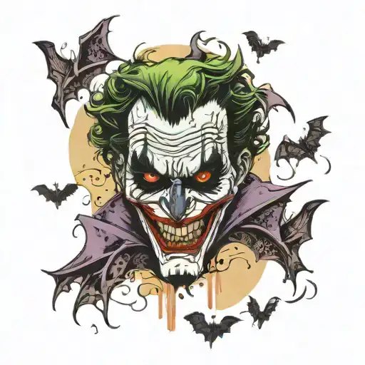joker face half scattering bats flying tattoo design idea