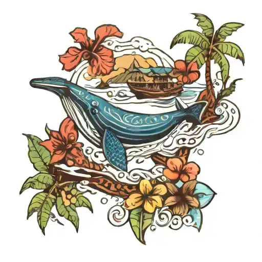 MO'OREA island with whale and shark in water tattoo design idea