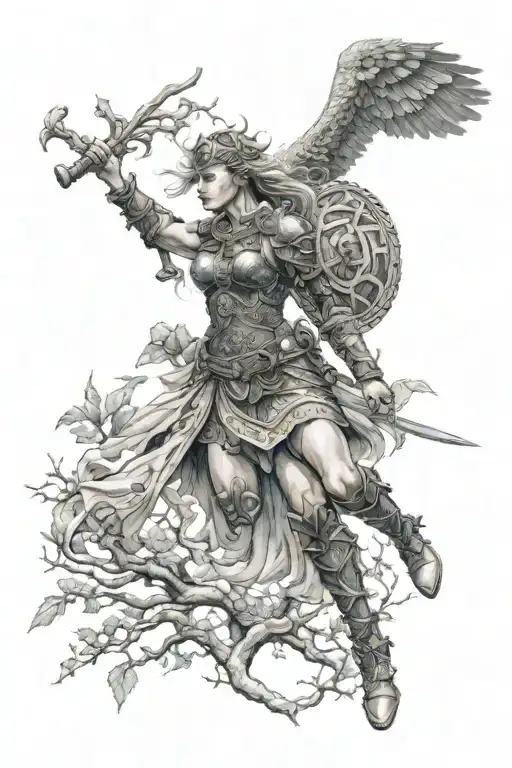 valkyrie warrior woman in battle norse mithology sleve tree of life yygdrasil tattoo design idea