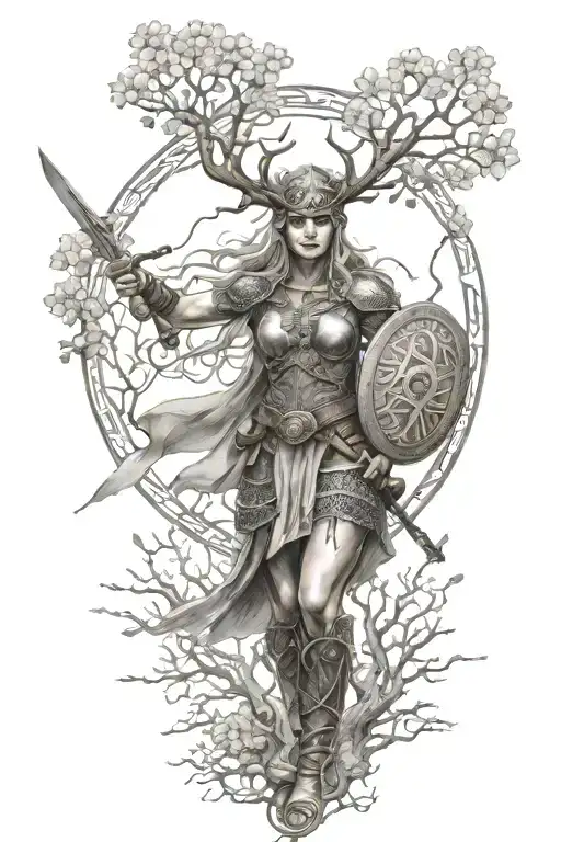 valkyrie warrior woman in battle norse mithology sleve tree of life yygdrasil tattoo design idea