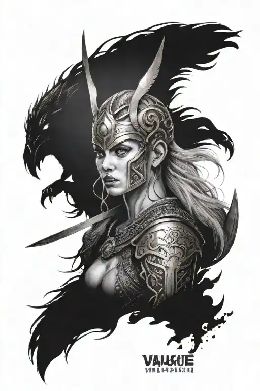 Large Valkyrie warrior with viking warrior fighting below. war paint on her face. Dark  background mist, mountain, runes tattoo design idea