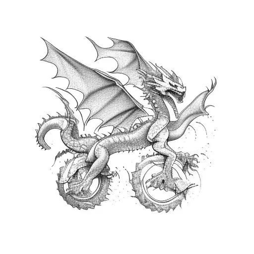 A fierce dragon riding a motocross bike through a challenging track tattoo design idea