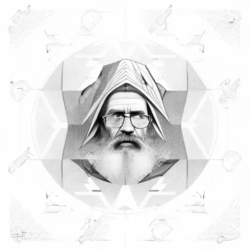 A black-grey portrait of a father figure with a wind rose in the background tattoo design idea