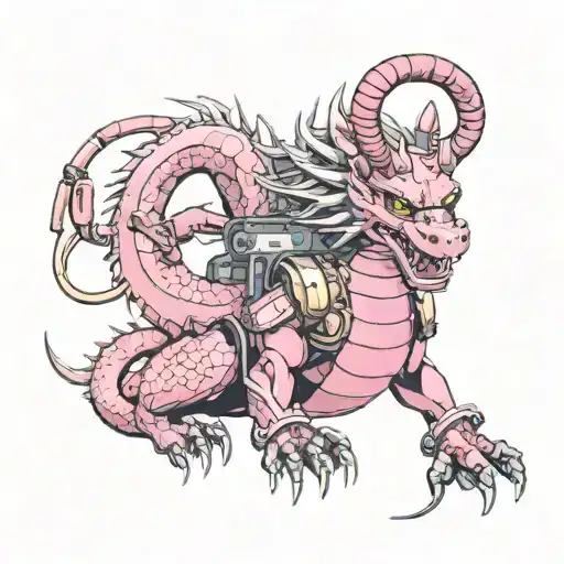 A pink cyberpunk hajime sorayama style chinese dragon. holding vinyl records in its hands and wearing a V MODA headphone tattoo design idea