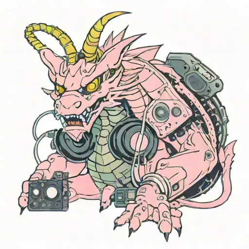 A pink metal cyberpunk y2k chinese dragon. holding vinyl records in its hands and wearing a V MODA headphone tattoo design idea