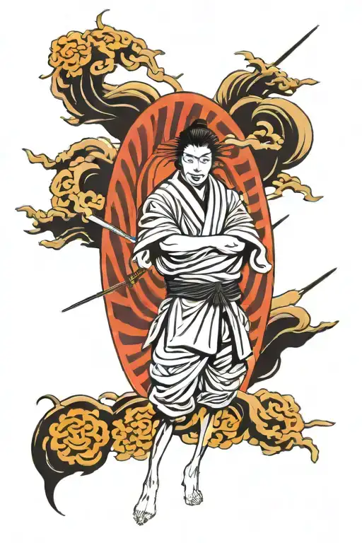 Draw a Japanese sun with rays and a Japanese samurai. Use only black and red colors. tattoo design idea