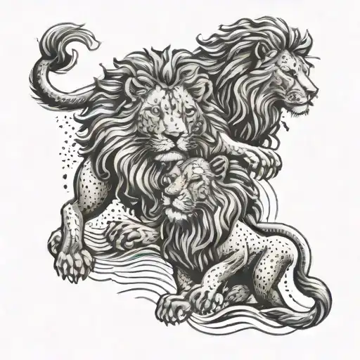 Twin lions playing in the sea, reflecting the client's love for twins and the ocean tattoo design idea