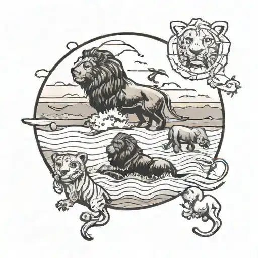 A sea-themed tattoo with kids playing on the beach and lions roaming in the background, capturing all of the client's favorite things tattoo design idea