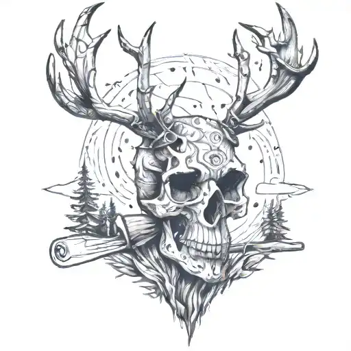 A dotwork design of a skull elk with antlers made of woodworking tools, set against a backdrop of a campfire and a cabin tattoo design idea