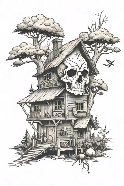 A sketch style tattoo of a cabin in the woods with a skull and crossbones motif, incorporating elements of hunting and exploring tattoo design idea