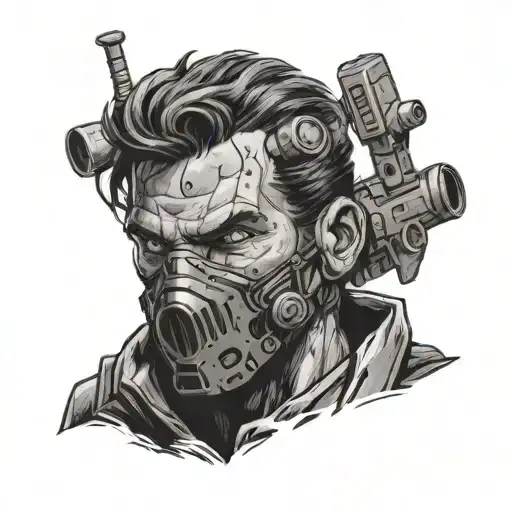 A black and grey portrait of the Lone Wanderer from Fallout, armed with a laser rifle and facing off against a horde of raiders tattoo design idea
