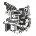 A pixelated representation of a security terminal hacking into a virtual reality simulation, with a glitched-out Nuka-Cola logo in the background tattoo design idea