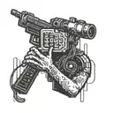 A pixelated representation of a security terminal hacking into a virtual reality simulation, with a glitched-out Nuka-Cola logo in the background tattoo design idea