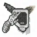 A pixelated representation of a security terminal hacking into a virtual reality simulation, with a glitched-out Nuka-Cola logo in the background tattoo design idea