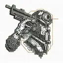 A pixelated representation of a security terminal hacking into a virtual reality simulation, with a glitched-out Nuka-Cola logo in the background tattoo design idea