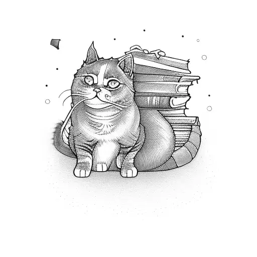 A cat curled up with a book surrounded by crochet needles and yarn tattoo design idea