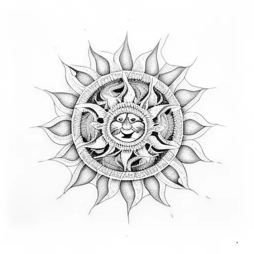 A sun with intricate patterns made of crochet hooks and books tattoo design idea