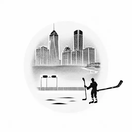A blackwork tattoo of the skyline of Victoria BC, with the silhouette of a hockey player and a lacrosse player standing proudly in the foreground tattoo design idea