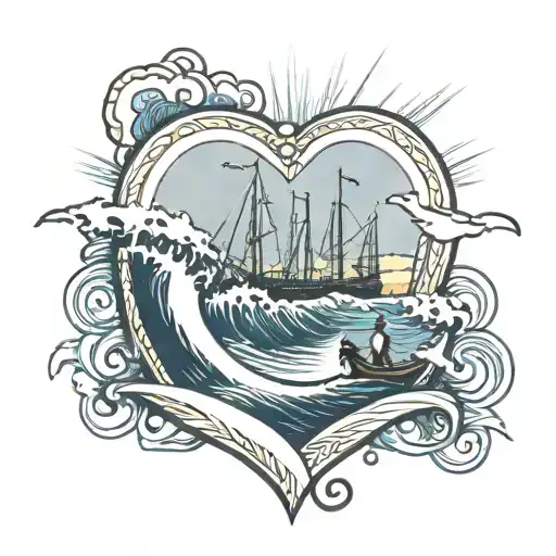 boat, wave, people, heart, graph, bridge tattoo design idea