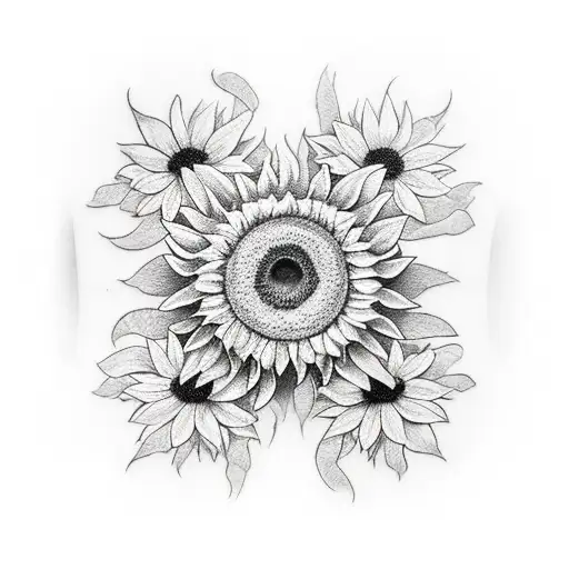 A hollow cross with four sunflowers around it tattoo design idea