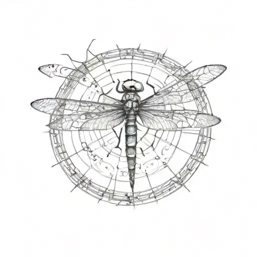 Dragonfly flying out of a mandala made of musical staff lines tattoo design idea