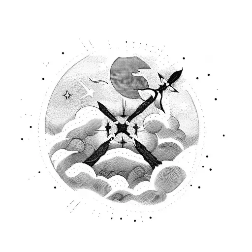 bible scripture with clouds and stars and the three crosses tattoo design idea