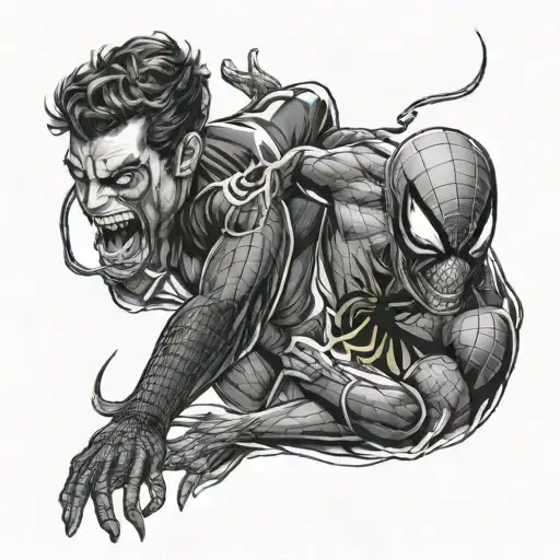 Andrew Garfield in costume from the first Amazing Spider-Man, trying to take off Venom from Tom Hardy tattoo design idea