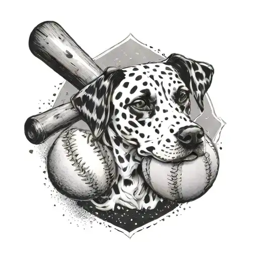 A baseball bat and football crossed, with a Dalmatian dog sitting in the middle, representing the client's passion for baseball, football, and dogs tattoo design idea