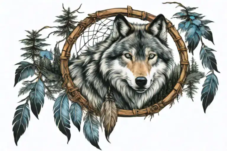 blue eyed wolf dreamcatcher with forest scenery  tattoo design idea