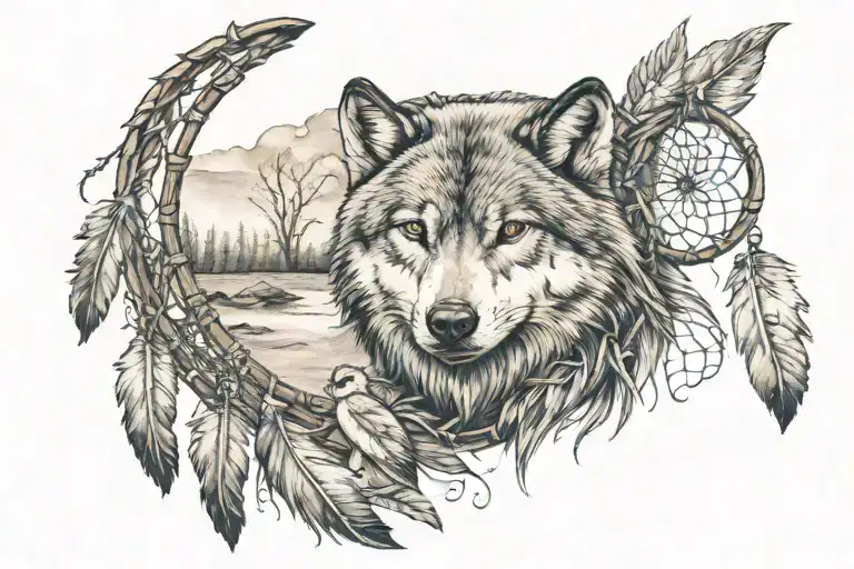 wolf dreamcatcher with beaver  tattoo design idea