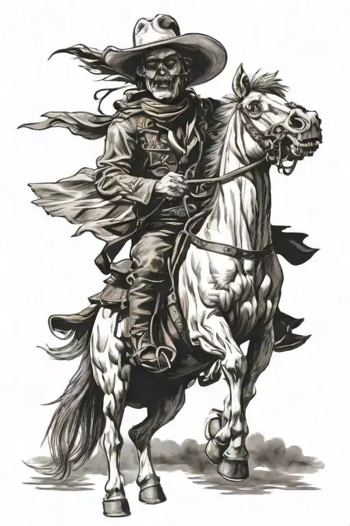 Cowboy skull riding a horse jumping tattoo design idea