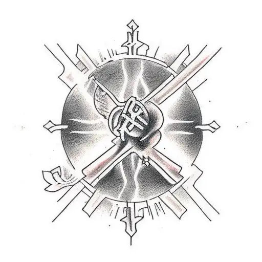 Cross with biblical words, thorns around bicep with light and clouds on shoulder and birds below tattoo design idea