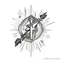 Cross with biblical words, thorns around bicep with light and clouds on shoulder and birds below tattoo design idea
