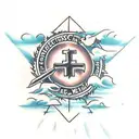 Cross with biblical words, thorns around bicep with light and clouds on shoulder and birds below tattoo design idea