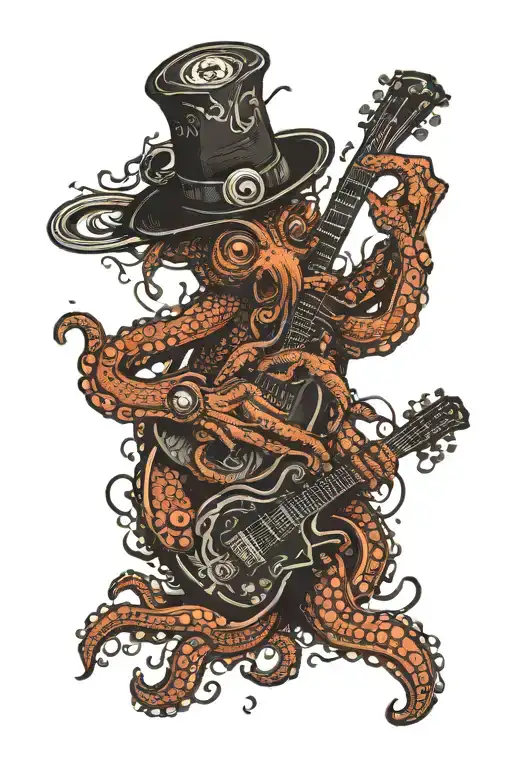 an octopus in a flat cap holding a diving tank and a guitar tattoo design idea