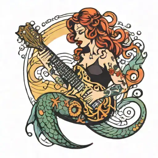 A neotraditional tattoo of a ska music inspired mermaid with an octopus tentacle arm, playing a guitar and surrounded by waves and musical notes tattoo design idea