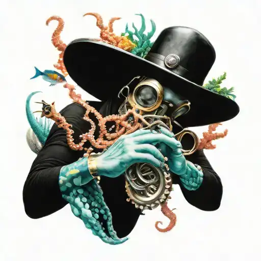 A realistic underwater scene with a scuba diver admiring an octopus playing a trumpet, surrounded by colorful coral and fish tattoo design idea