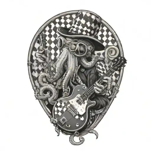 an octopus in a black and white checked bowler hat, holding a guitar in one arm and a diving tank in the other tattoo design idea