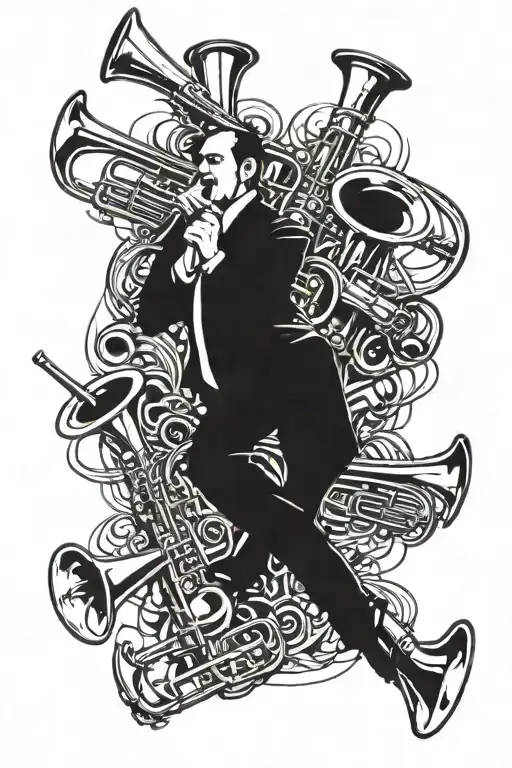 A ska music themed tattoo incorporating trombones, saxophones, and trumpets in a dynamic composition tattoo design idea