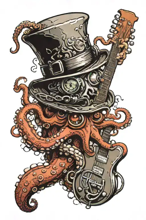 an octopus in a top hat holding a diving tank, a guitar, tattoo design idea