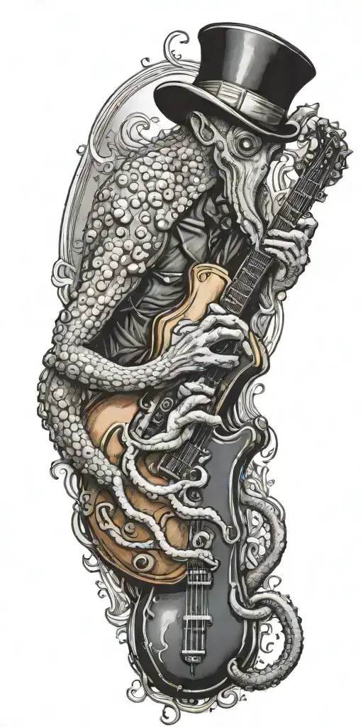 an octopus in a top hat playing a guitar on his shoulder and holding a diving tank tattoo design idea