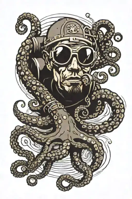 A black and grey portrait of a ska-loving diver exploring the depths of the ocean with an octopus companion tattoo design idea