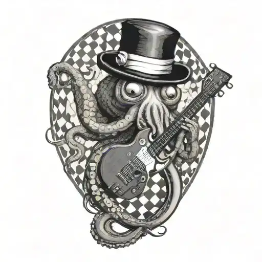 an octopus in a black and white checked bowler hat, holding a guitar in one arm and a diving tank in the other tattoo design idea