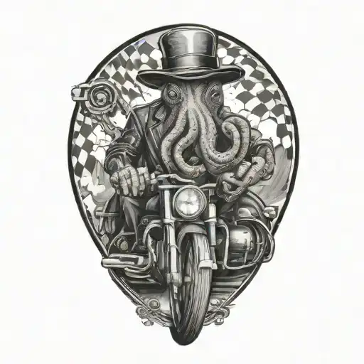 an octopus in a black and white plaid bowler hat sits on a motorcycle, holding a guitar in one arm and a diving tank in the other tattoo design idea