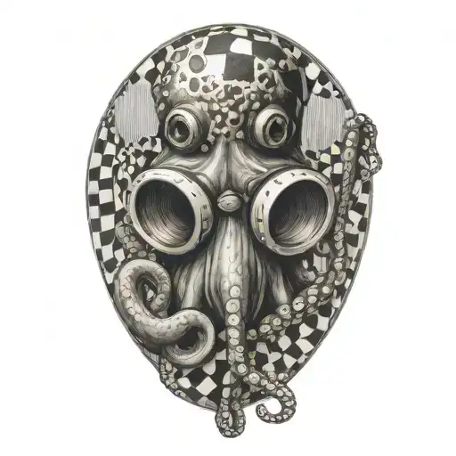 an octopus with a black and white checkered diving mask, with a guitar in the background, tattoo design idea